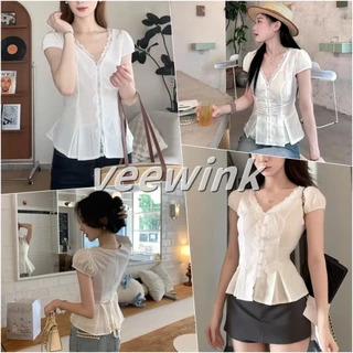 Veewink พร้อมส่งจากกทม เสื้อเชิ้ตแขนสั้นลูกไม้ สไตล์ฝรั่งเศส ทรงกระชับเอว ใส่ดูเพรียวบาง