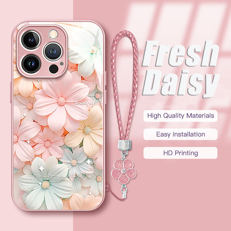 สําหรับiPhone 15ProMaxปลอก16ProMax 13 14 12 Liquid Glassเคสโทรศัพท์Wtthดอกไม้สายคล้องมือHDพิมพ์ดอกเดซี่สดกันกระแทกน่ารักสําหรับสาวiPhoneXSMAX XR 78Plus