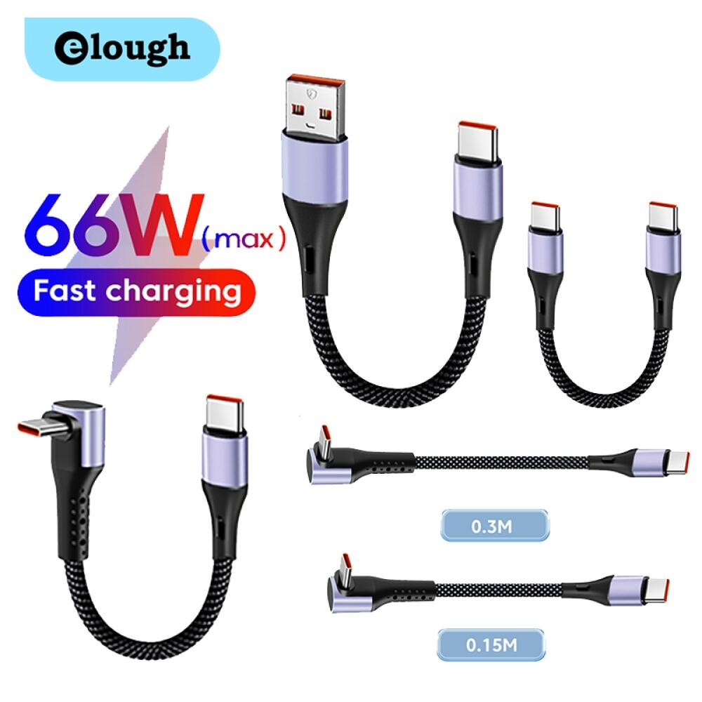 Elough 15 ซม./30 ซม.สั้น USB C ถึง Type C สายชาร์จเร็ว 90° สายเคเบิลข้อมูลข้อศอก USB C สําหรับ Samsung Huawei Power Bank