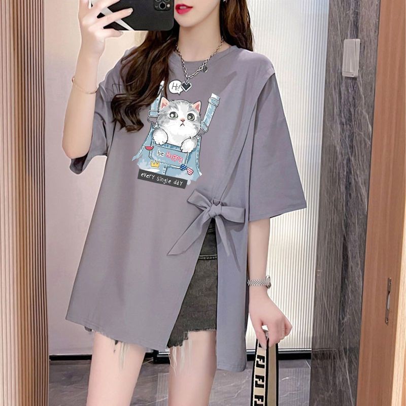 ส่งไวจากไทย Summer สันทนาการ หลวม คลุมท้อง แขนสั้น เสื้อยืด ผู้หญิง ท็อปส์ ขนาดพลัส แฟชั่น ส้อม ครึ่งแขน เสื้อกล้าม