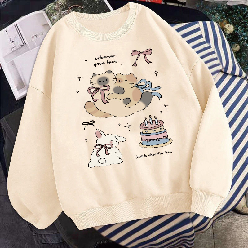 ฤดูใบไม้ร่วงและฤดูหนาวน่ารักการ์ตูนเค้กลูกแมวพิมพ์ผู้หญิง'ส เสื้อกันหนาว อิน อเนกประสงค์ฤดูใบไม้ร่วงและฤดูหนาวหลวมเสื้อคู่ลําลอง