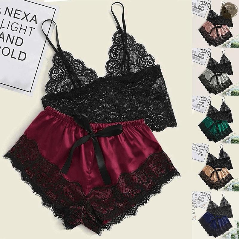 ชุดนอนสตรีลูกไม้ Crop Tops กางเกงขาสั้น Babydoll