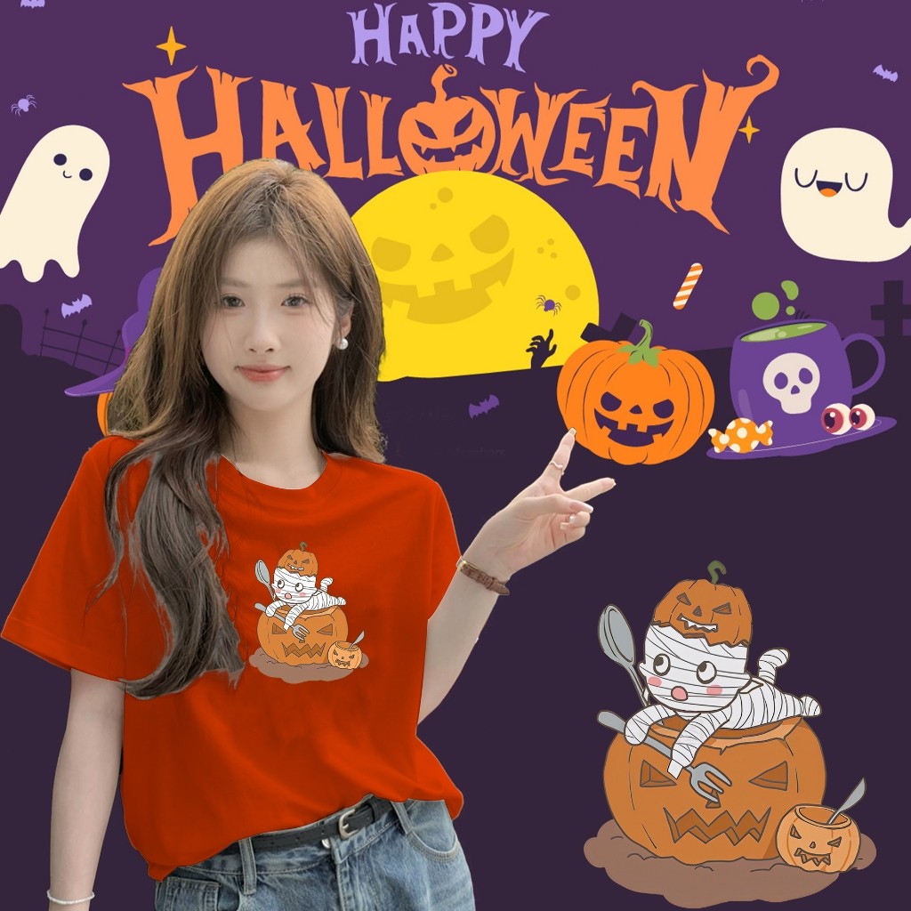 ปกติ✨[พร้อมส่ง] แขนสั้น Mummy&Halloween ผ้าฝ้ายคุณภาพสูง ไม่หดหรือยับ Happy Halloween unisex shirt_H