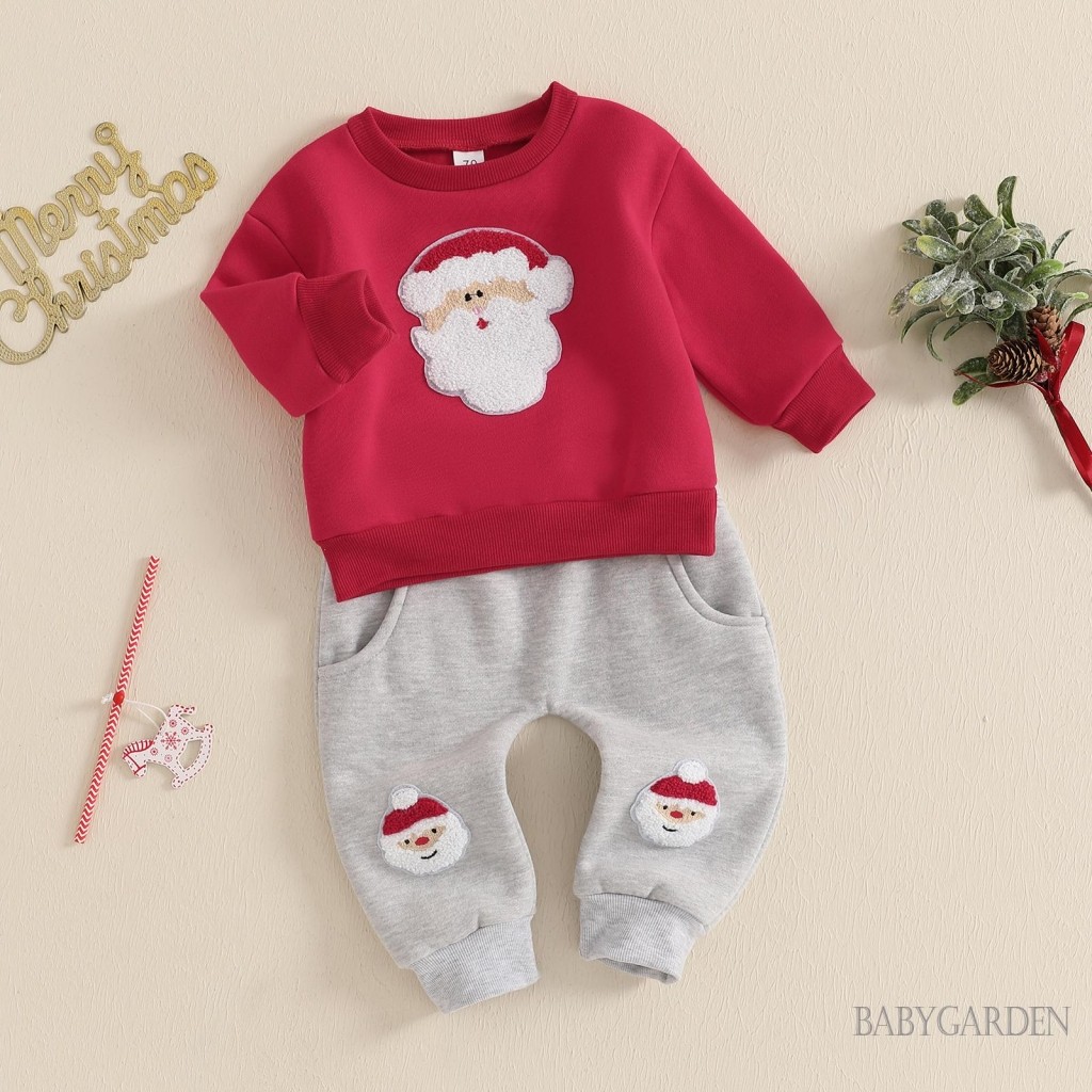 //-6M-4Y เด็กทารก 2 ชิ้นชุดคริสต์มาสแขนยาว Santa เย็บปักถักร้อยเสื้อกันหนาวและกางเกงกระเป๋าฤดูหนาวเสื้อผ้า