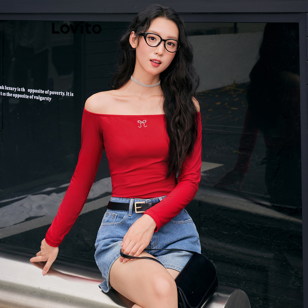 Lovito เสื้อยืด ไรน์สโตนเปิดหลังธรรมดาน่ารักสำหรับผู้หญิง LAD106999
