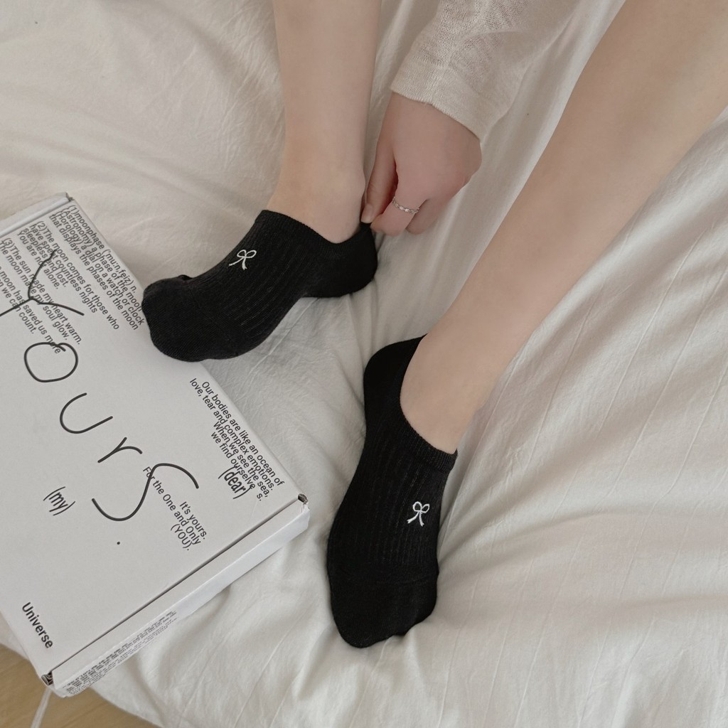 ถุงเท้าผู้หญิงทันสมัย ถุงเท้าที่มองไม่เห็น ลายโบว์ ลายทางแนวตั้งถัก หวานและน่ารัก สไตล์วิทยาลัย - รูปที่ 5