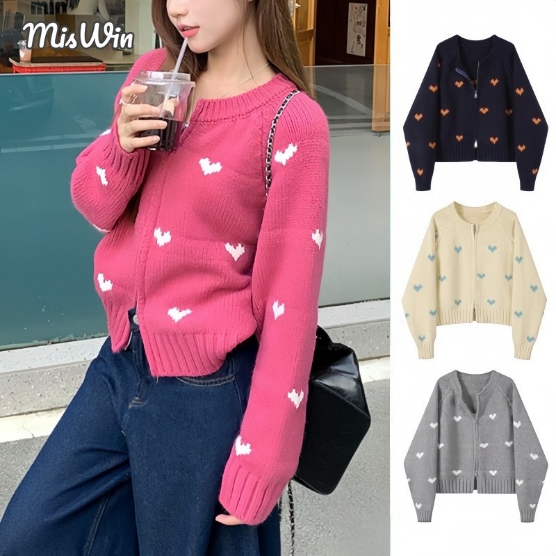 Miswin ผู้หญิง Y2k หัวใจถักคาร์ดิแกนแขน Raglan คู่ซิปแจ็คเก็ตสไตล์เกาหลีสั้นเสื้อกันหนาวคาร์ดิแกน เสื้อโค้ท