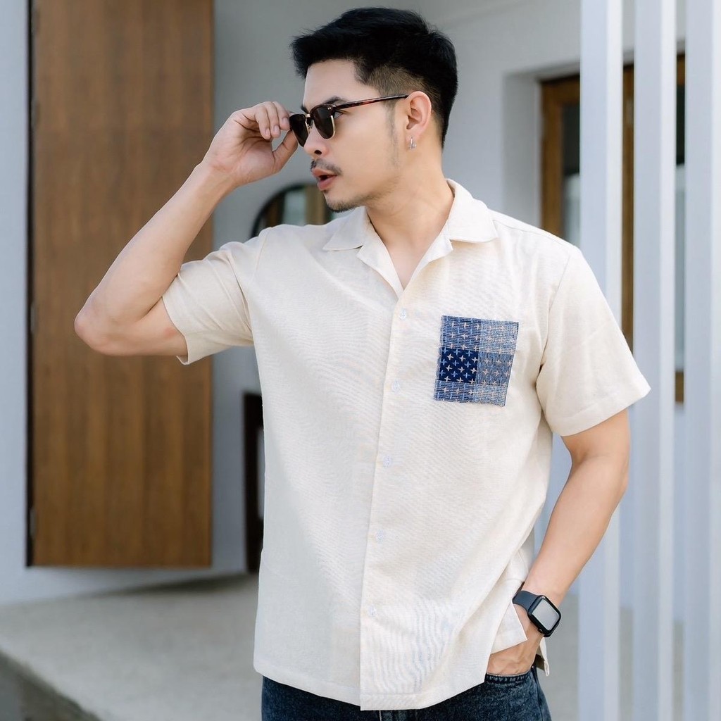 เสื้อผ้าแฟชั่น เสื้อผ้าฝ้ายดิบฟอกนุ่มทรงฮาวาย No.46ขาวกระเป๋าผ้าทอ