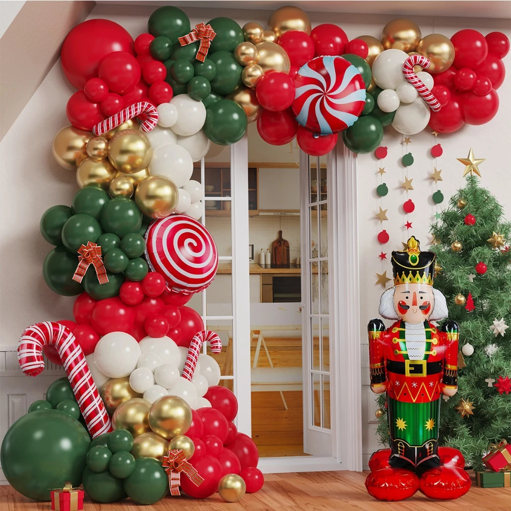 111pcs คริสต์มาสบอลลูน Arch ชุดสีเขียวสีแดงโลหะทองลูกโป่ง Candy Cane บอลลูน Garland สําหรับ Xmas Merry Christmas Party Decor