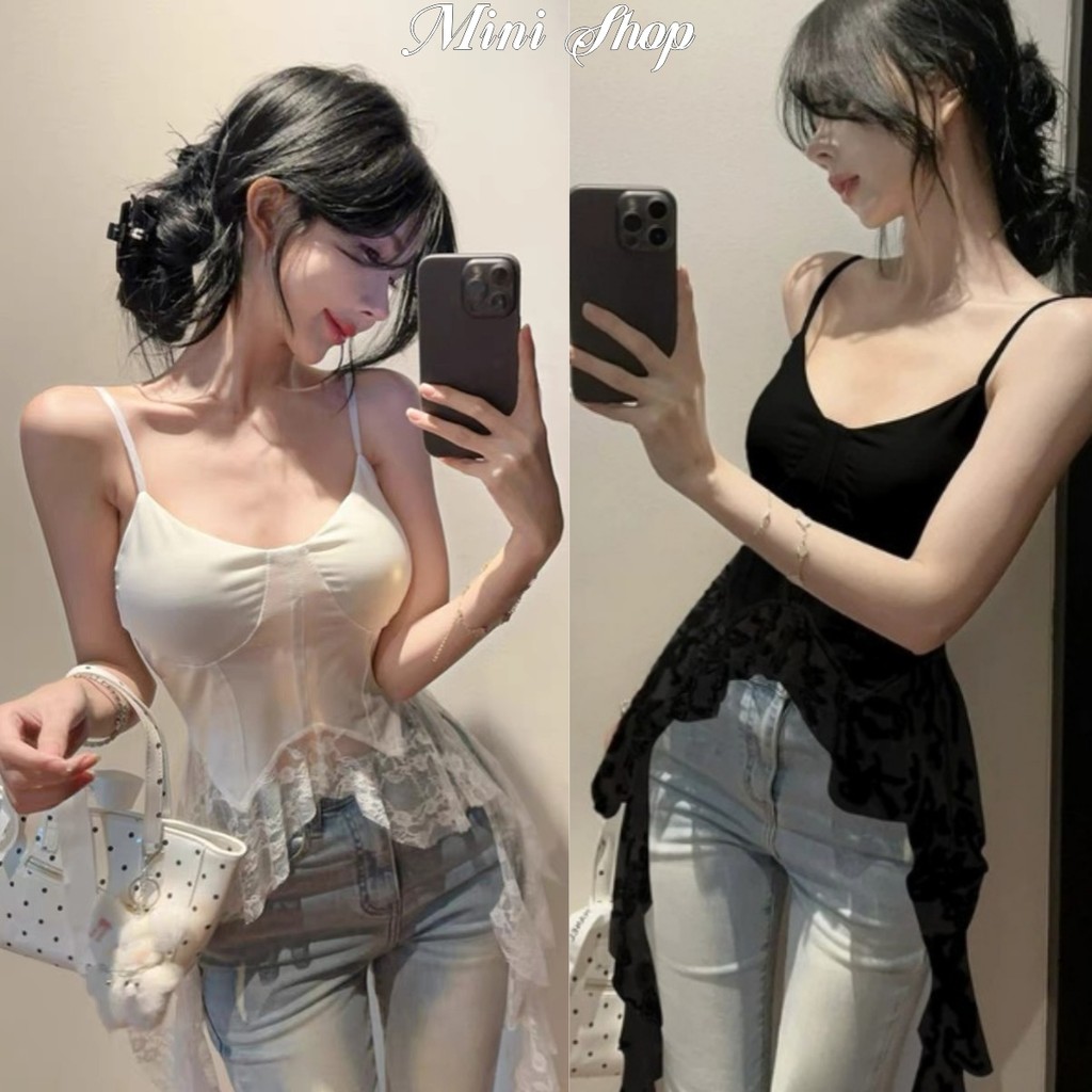 Mini shop พร้อมส่ง (FY2235)เสื้อสายเดี่ยวมีฟองน้ำ สายปรับได้ หลังสม็อคใส่สบาย ผ้าลื่น ดีเทลปลายลูกไม้ยาว อ่อนโยน เซ็กซี่