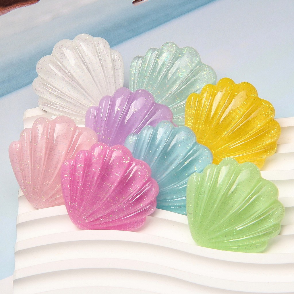 10pcs เรซินใสกลิตเตอร์เปลือกหอย DIY อุปกรณ์เสริมข้ามพรมแดนโมเดลระเบิดจำลองเปลือกหอย DIY สร้อยคอเด็กอุปกรณ์เสริมกระเป๋า