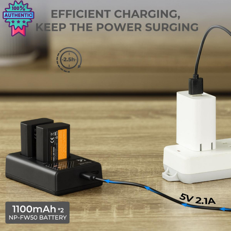 K&F Sony NP-FW50 battery 2-pack dual slot battery charger kit for Sony Alpha 7, A7, Alpha 7R, A7R, A