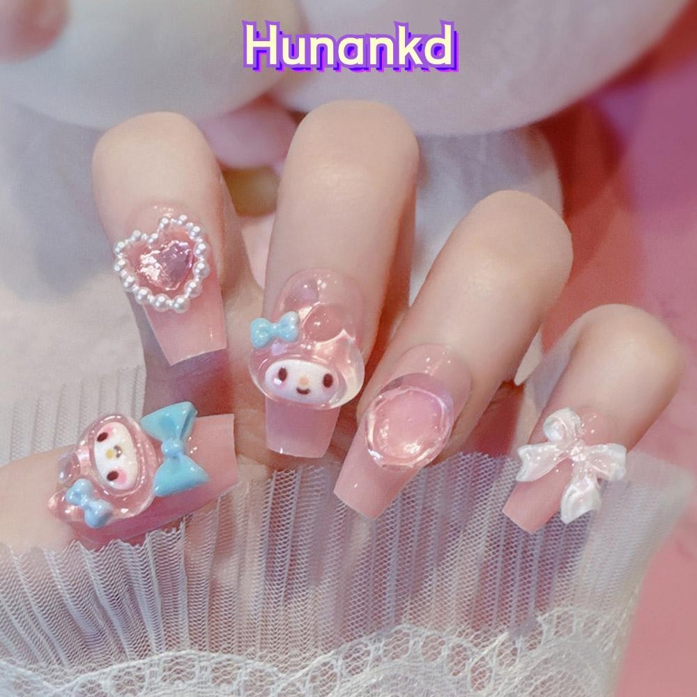 Hunan เล็บปลอม 24 ชิ้น, My Melody Sanrio Melody Girl กดบนเล็บ, Kawaii ประดิษฐ์เล็บนิ้วสําหรับผู้หญิงและเด็กหญิง