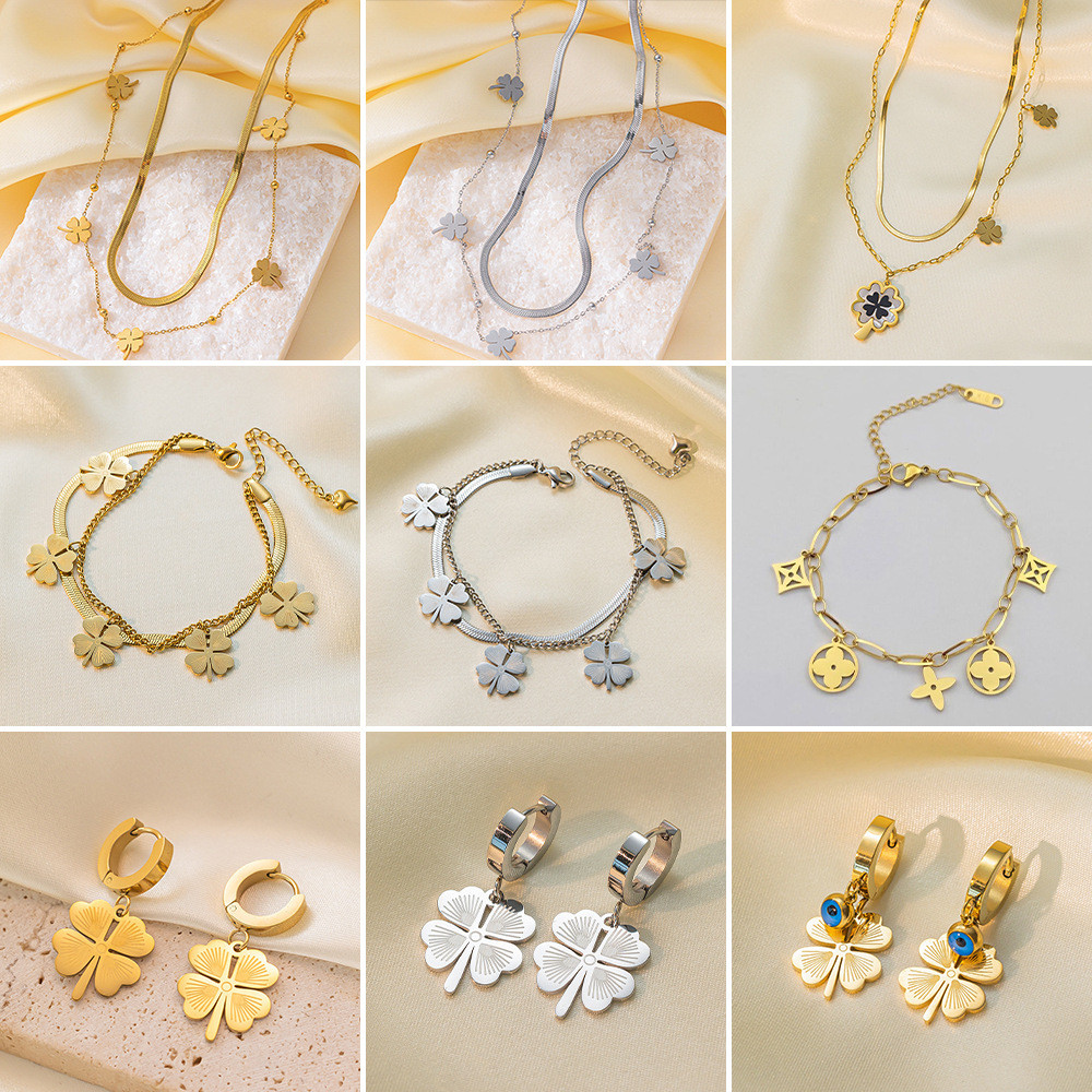 ความหลากหลายของ Lucky Four-Leaf Clover ไทเทเนียมเหล็กสร้อยคอผู้หญิง/ต่างหู/สร้อยข้อมือชุดประณีตของขวัญที่ดีที่สุด