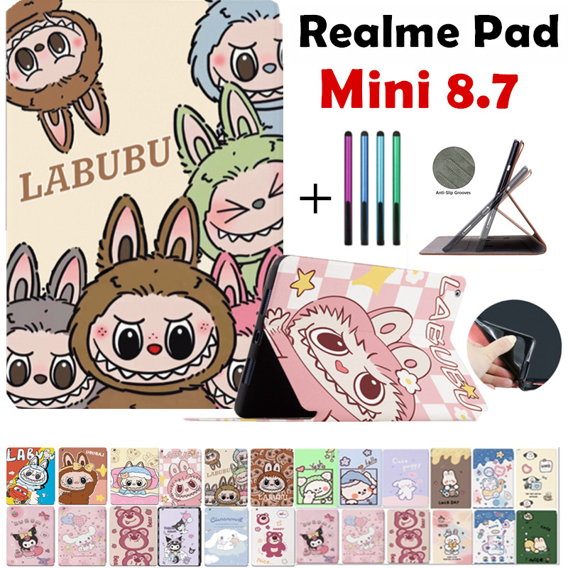 สําหรับrealme Pad Mini 8.7นิ้ว2022 Mokoko Kuromiสตรอเบอร์รี่หมีZIMOMOเด็กสมาร์ทขาตั้งน่ารักการ์ตูนLABUBUกรณีหนังบางShell Flip Cover