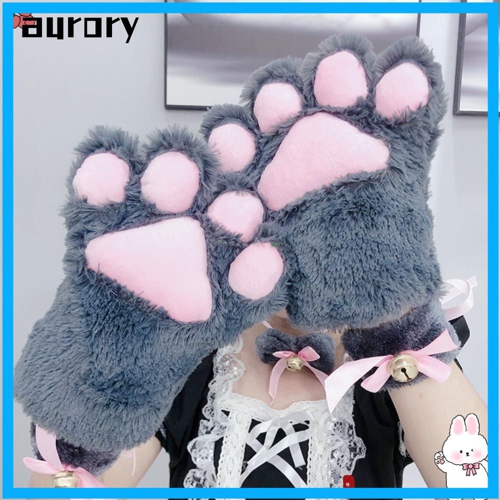 Aurory ถุงมือกรงเล็บแมวน่ารัก,ตุ๊กตาการ์ตูน Plush Mittens, Warm Soft Lolita บทบาทเล่นถุงมือเต็มนิ้วผู้หญิง