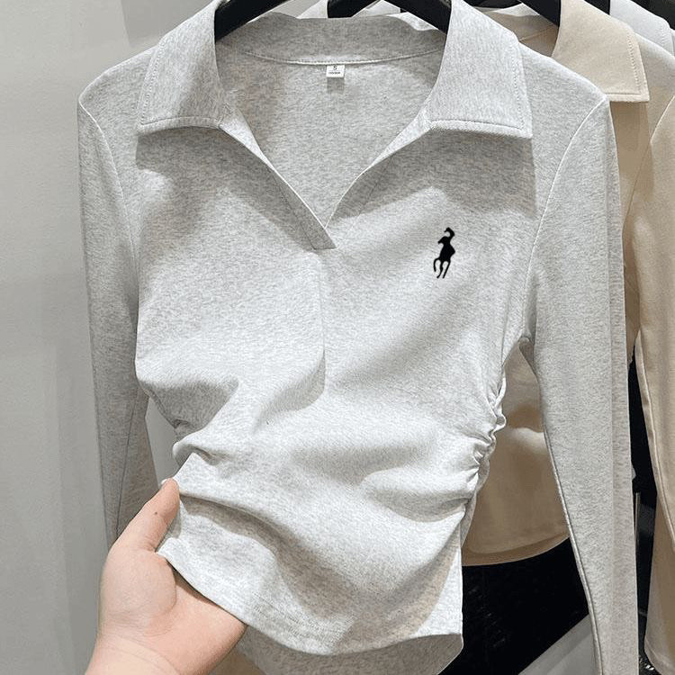 เสื้อโปโลปักแขนยาว Bottoming เสื้อผู้หญิง 2025 ฤดูใบไม้ร่วงฤดูหนาวออกแบบสไตล์ใหม่ Feel Niche Slim-fit Slimmer ดู