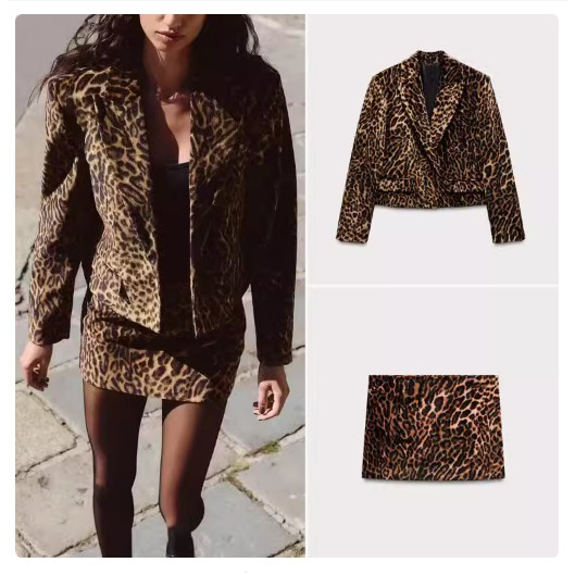 Zara ZA เสื้อเบลเซอร์สั้นปกสไตล์ใหม่ฤดูใบไม้ร่วงฤดูหนาว1255757 กระโปรงมินิกํามะหยี่พิมพ์ลายสัตว์4764502