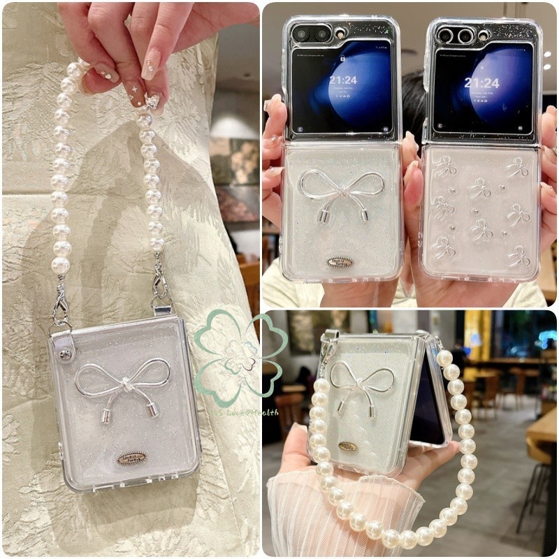 แฟชั่น Bownot Clear Case Samsung Galaxy Z Flip 8 7 6 5 Casing with Pearl Bracelet Wrist Chain เคสกันกระแทก