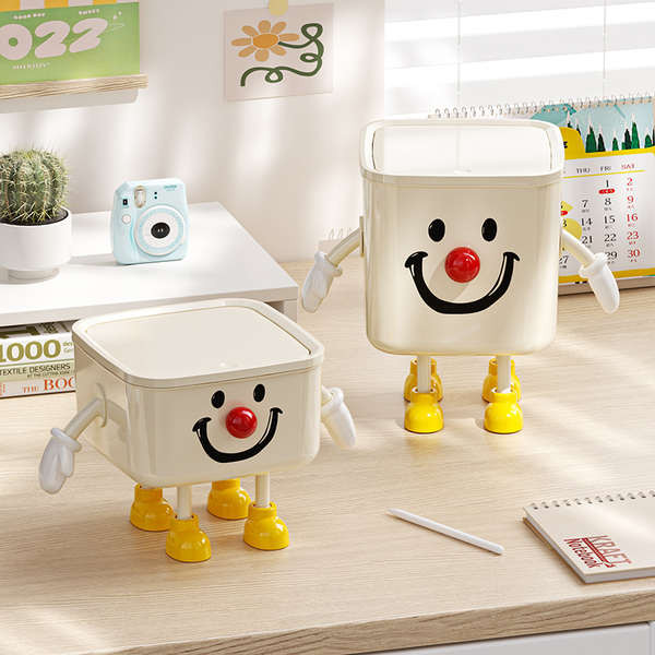 ถังขยะ ถังขยะในรถ Mercerda Creative Desktop Trash Can น่ารักการ์ตูนมินิ DIY เคาน์เตอร์กาแฟโต๊ะกดกระด