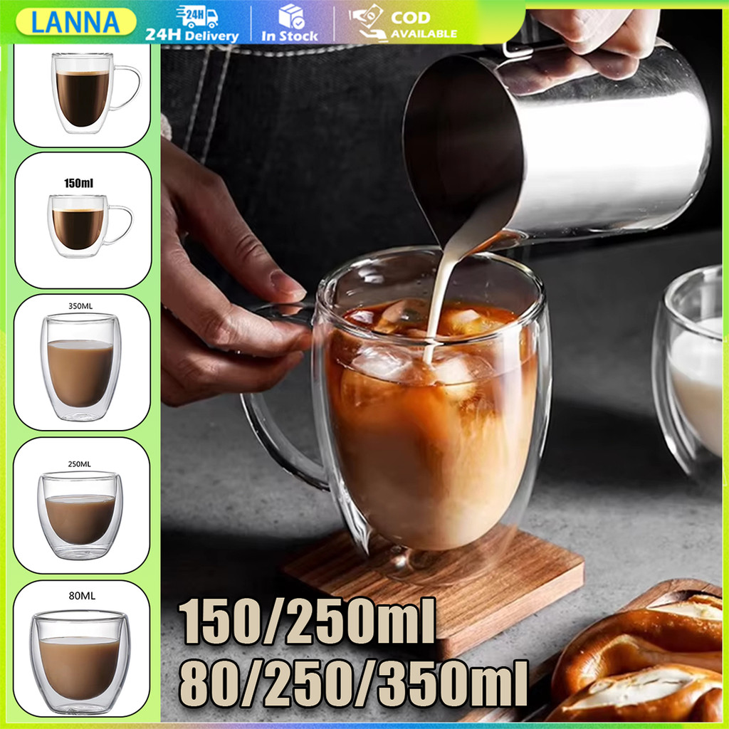 ร้านอยู่ที่ไทย แก้วกาแฟ 2ชั้น มีหูจับ สีใส ถ้วยกาแฟ สำหรับ คาเฟ่ ร้านกาแฟ 150มล.250มล.350มล. – โปรปัง