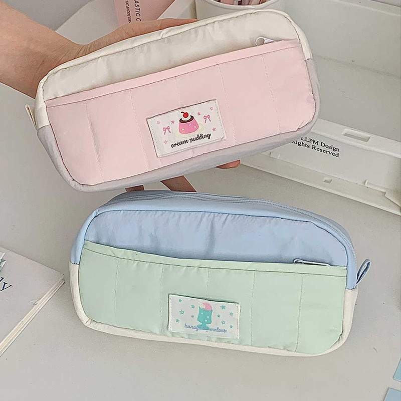 Creative Cream Color-Blocked Pencil Case ความจุขนาดใหญ่ Multi-Layer Storage กล่องดินสอ Multi-Functional เครื่องเขียนกระเป๋าเก็บ