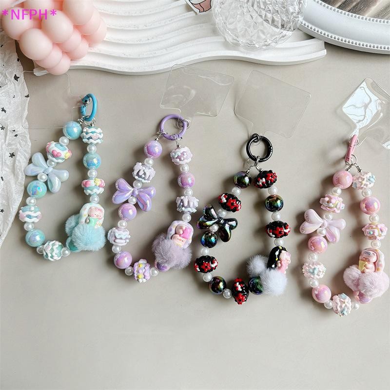 Nfph>bowknot HairballPhone Chain มือวาดลูกปัดพวงกุญแจสาวหวาน Anti-lost สายรัดข้อมือสร้อยข้อมือหูฟัง Charm กระเป๋าตกแต่งใหม่