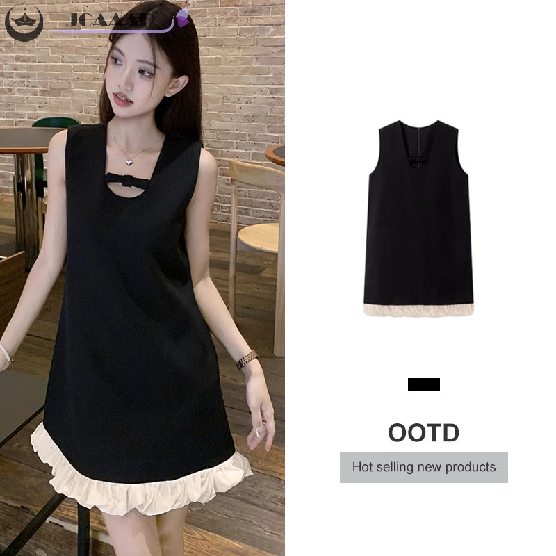 Ming ฤดูร้อนแขนกุดสีดํามินิเดรสผู้หญิง Patchwork Elegant A-line Dresses TH