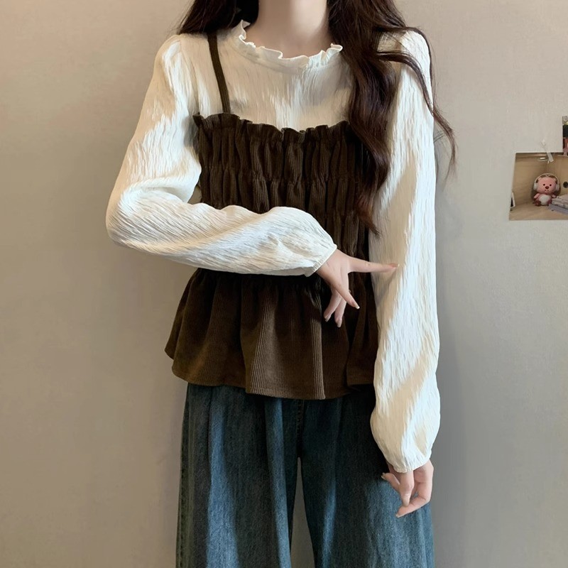 เสื้อเบลาส์สีประกบฝรั่งเศสขนาดใหญ่เสื้อสองชิ้นปลอมจีบเสื้อยืดได้