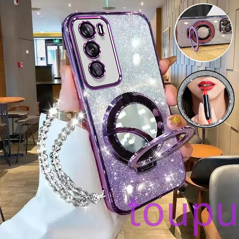เคส OPPO Reno12 5G Reno 12 Pro 5G 11 5G 11F 11 Pro 10/ 10 Pro 8T 5G เคสโทรศัพท์กลิตเตอร์เคลือบด้วยไฟฟ้าหรูหราพร้อมที่ใส่กระจกแต่งหน้าความงามพร้อมสร้อยข้อมือเคสแบบนุ่ม กรณีโทรศัพท์ OPPO Reno12 5G Reno 12 Pro 5G 11 5G 11F 11 Pro 10/ 10 Pro 8T 5G