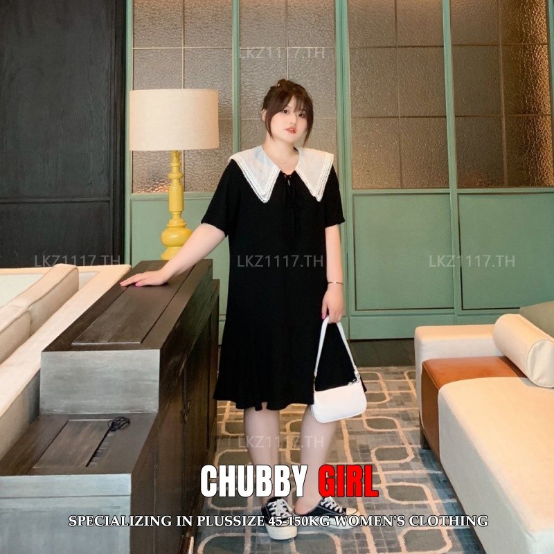 Plus size เสื้อผ้าสาวอวบ เดรสสาวอวบอ้วน ไซส์ใหญ่ ผู้หญิง ทรงหลวม แขนสั้น คอบัว สีดำ ฤดูร้อน สไตล์เกาหลีแฟชั่น