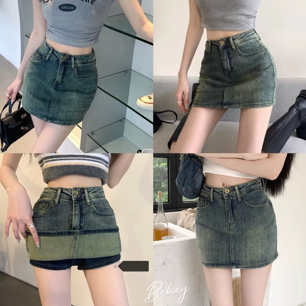 (พร้อมส่งจากกรุงเทพ🇹🇭)กระโปรงยีนส์เซ็กซี่ของผู้หญิงสีทึบสไตล์ลำลองใหม่เรียงรายกระโปรงเอวสูงทรงเอ RR005