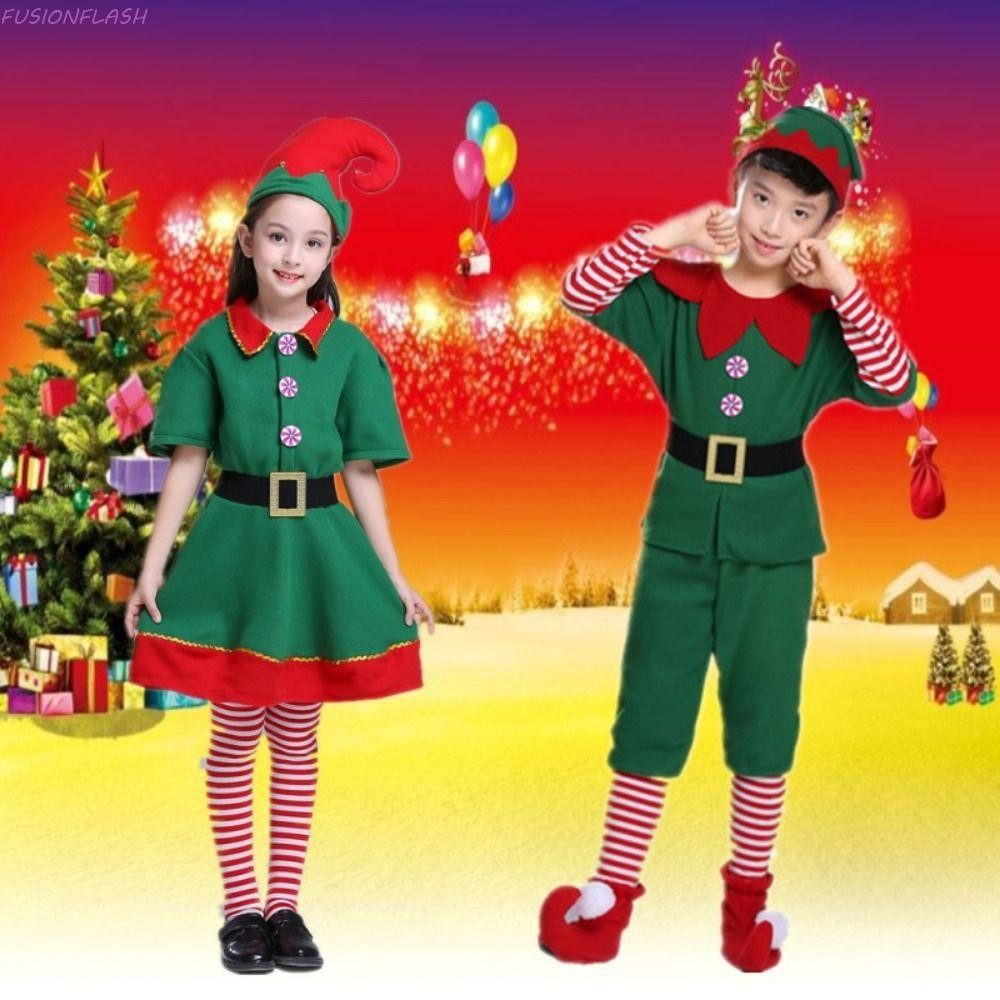 Fusionflash คอสตูมคอสเพลย์คริสต์มาส, ชุดหมวกสีเขียว Elf เครื่องแต่งกาย, Creative Party ผ้าอุปกรณ์เสริมถุงเท้า Christmas Party เด็กและผู้ใหญ่