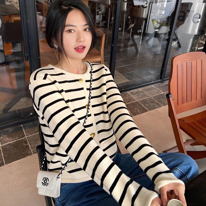 ZETERINDO - ZFS ALIVA STRIPE CARDIGAN / CASSIE CARDI / GOLD BUTTON STRIPE CARDIGAN / LONG-SLEEVED WO