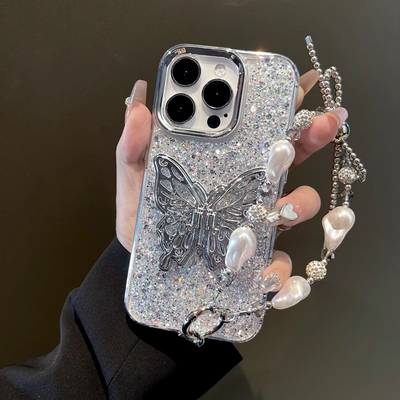 3d ผีเสื้อผู้ถือโทรศัพท์สร้อยข้อมือลูกปัด Glitter ชุบสําหรับโทรศัพท์ 16 Pro Max 14 Plus 15 Pro Max 11 12 Pro 13 Pro X XS Max XR SE 7 8 Plus