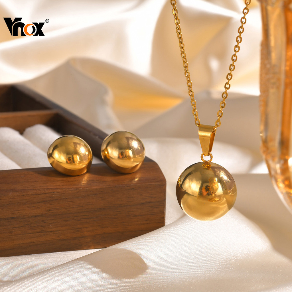 VNOX วีน็อกซ์ ต่างหูสตั๊ดลูกกลมครึ่งชุดสร้อยคอสําหรับผู้หญิงสาว,ทองคลาสสิกมินิมอลชุดเครื่องประดับ,เครื่องประดับสแตนเลส