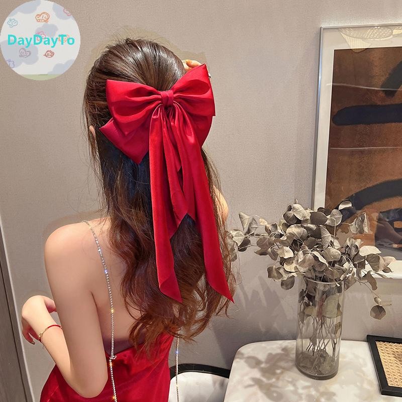 DayDayTo Elegant Red Streamer ริบบิ้นโบว์ขนาดใหญ่สําหรับผู้หญิงแฟชั่น Simple Solid Sa หางม้าโบว์ Hairpin หญิงอุปกรณ์เสริมผม TH - รูปที่ 6