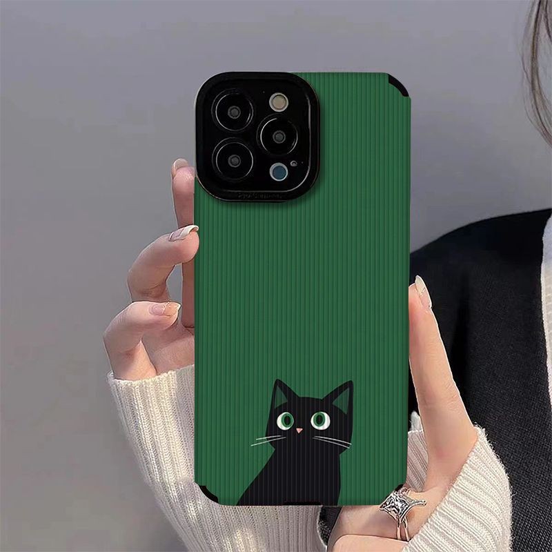 รูปแบบแมวสีดําตัวน้อยสีเขียวเข้มเหมาะสําหรับเคสโทรศัพท์ IPhone 11, Apple 14, 13, เคสโทรศัพท์ 15PM รวมทุกอย่าง, เคส IPhone ทนต่อการหล่น 12 จุด 7P ทนสิ่งสกปรก X Soft