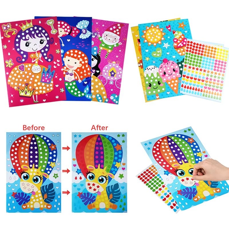 10 แผ่น/เซ็ต DIY สติกเกอร์โมเสคที่มีสีสันเด็ก Early Education ของเล่นน่ารักการ์ตูนเจ้าหญิงสัตว์สี By Star Heart Dot สติกเกอร์หญิงปริศนาของขวัญ – โปรปัง