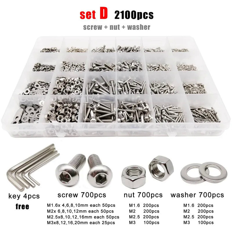 400/2100X M1.6 M2 M2.5 M3 M4 M5 304 Stainless Steel Allen Hexagon Hex Socket Button Round Head Screw