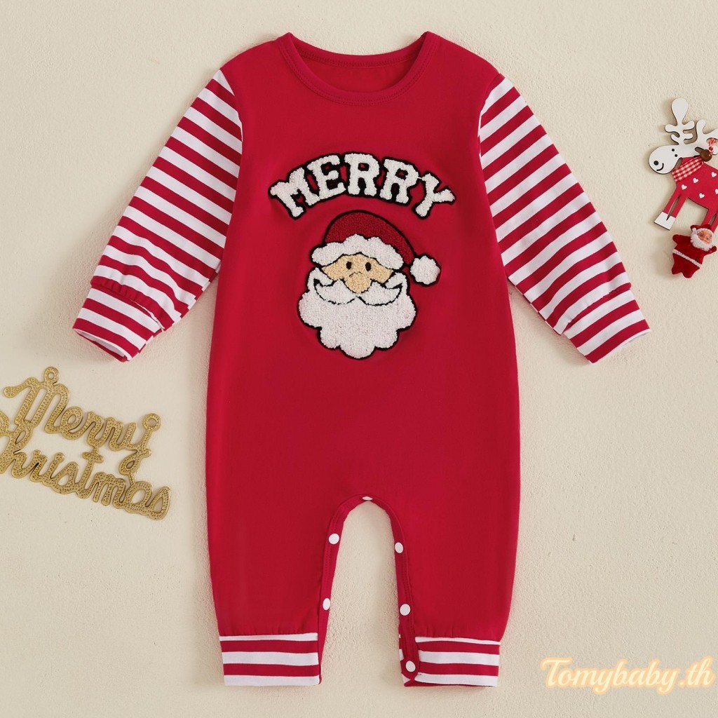 Tomybaby-ชุดจั๊มสูทคริสต์มาสสําหรับเด็กทารกแขนยาวคอกลมซานตาเย็บปักถักร้อยชุดรอมเปอร์
