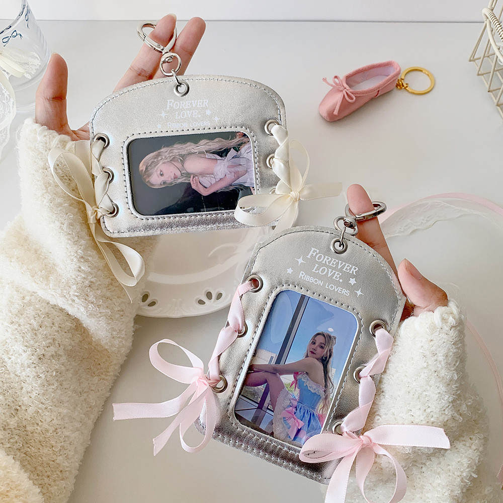 Ins Ballet Silver Leather PU Card Holder Ballet 3 Inch Small Card Display Hanging Protective Case Ribbon Idol Card Holder