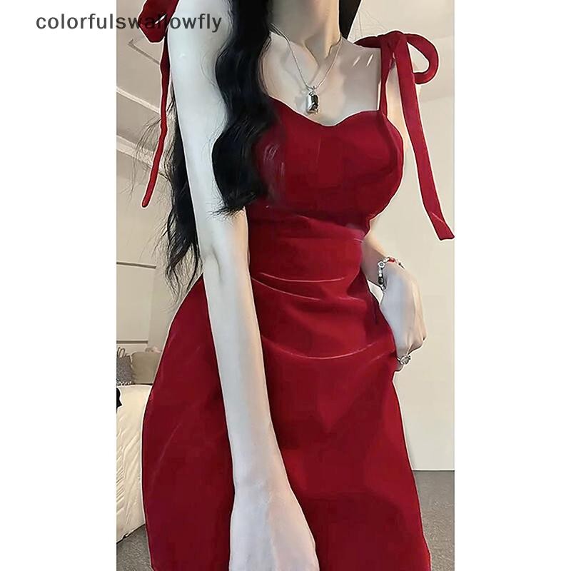 สีสันswallowfly เกาหลี Vintage Backless สีแดงชุดลําลองผู้หญิง Elegant Suspender Mini Dress COD