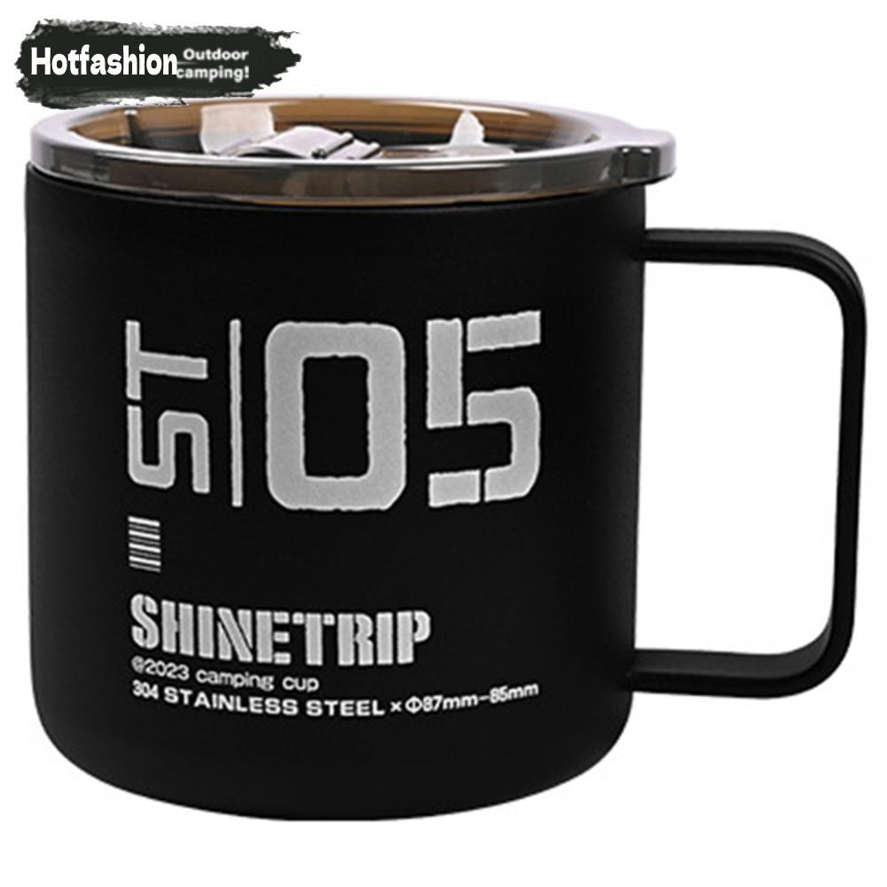350 มล ถ้วยตั้งแคมป์แก้วกาแฟสแตนเลสพร้อมที่จับฝาสําหรับของเหลว (สีดํา)