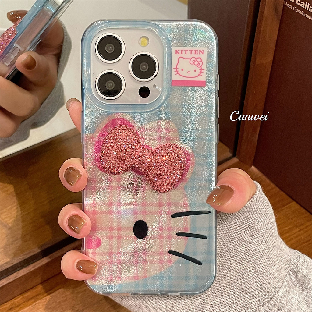 Huiwanju ลายสก๊อตแมว rhinestone โบว์เหมาะสําหรับ iphone15promax Apple 16 โทรศัพท์มือถือกรณีใหม่ 14 12pro super fire 13pro ไฟฟ้า Symphony 14pro anti-drop กรณี