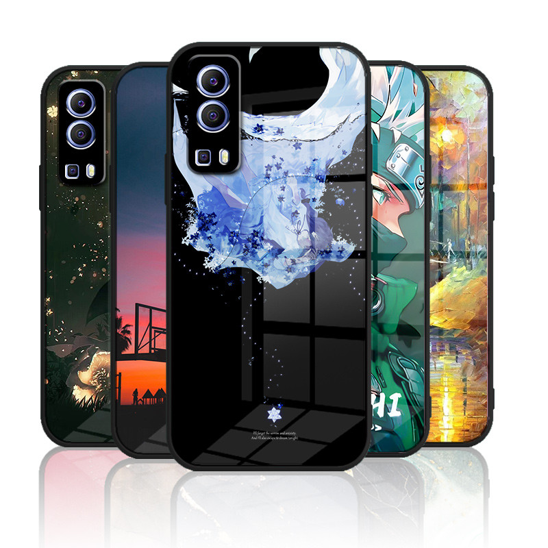 เคสกระจก VIVO Y72 5G เคสกระจกนิรภัยฮาร์ดฝาหลังขอบซิลิคอนอ่อน