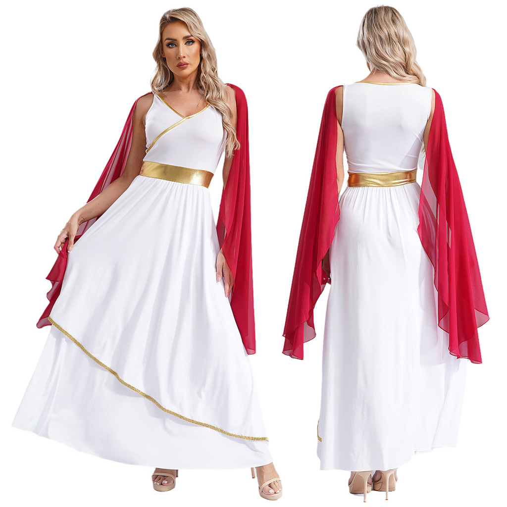 สตรีโบราณกรีก Athena เทพธิดา Toga ชุดฮาโลวีน Greece Roman Queen Princess คอสเพลย์เครื่องแต่งกายแขนกุด Gold Trims ชุด