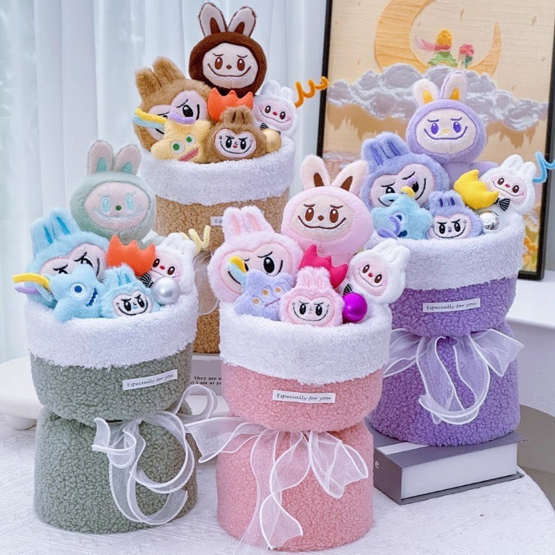 สร้างสรรค์ลาบู ตุ๊กตาช่อน่ารักการ์ตูนตุ๊กตาตุ๊กตาดอกไม้ประดิษฐ์ของเล่นตุ๊กตาดอกไม้สาวและเด็กของขวัญวันหยุด