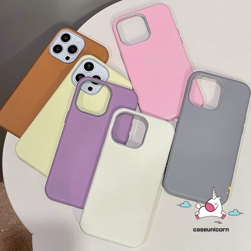 คู่เรียบง่าย Retro สีทึบสําหรับ IPhone 16 11 14 15 12 13 Pro Max 16 Pro Max 15 16 14 Plus XR X XS Max หรูหราผิวนุ่มรู้สึกหนัง 2 ใน 1 กรอบโลหะกรณีเนื้อ