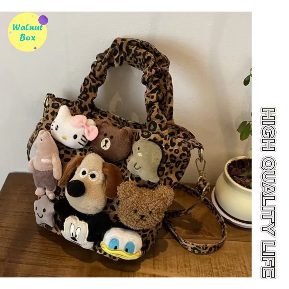 New Niche Leopard Print Canvas Bag Ladies Autumn Winter Popular All-Match Messenger Bag Cute Cartoon Portable Bucket Bag
